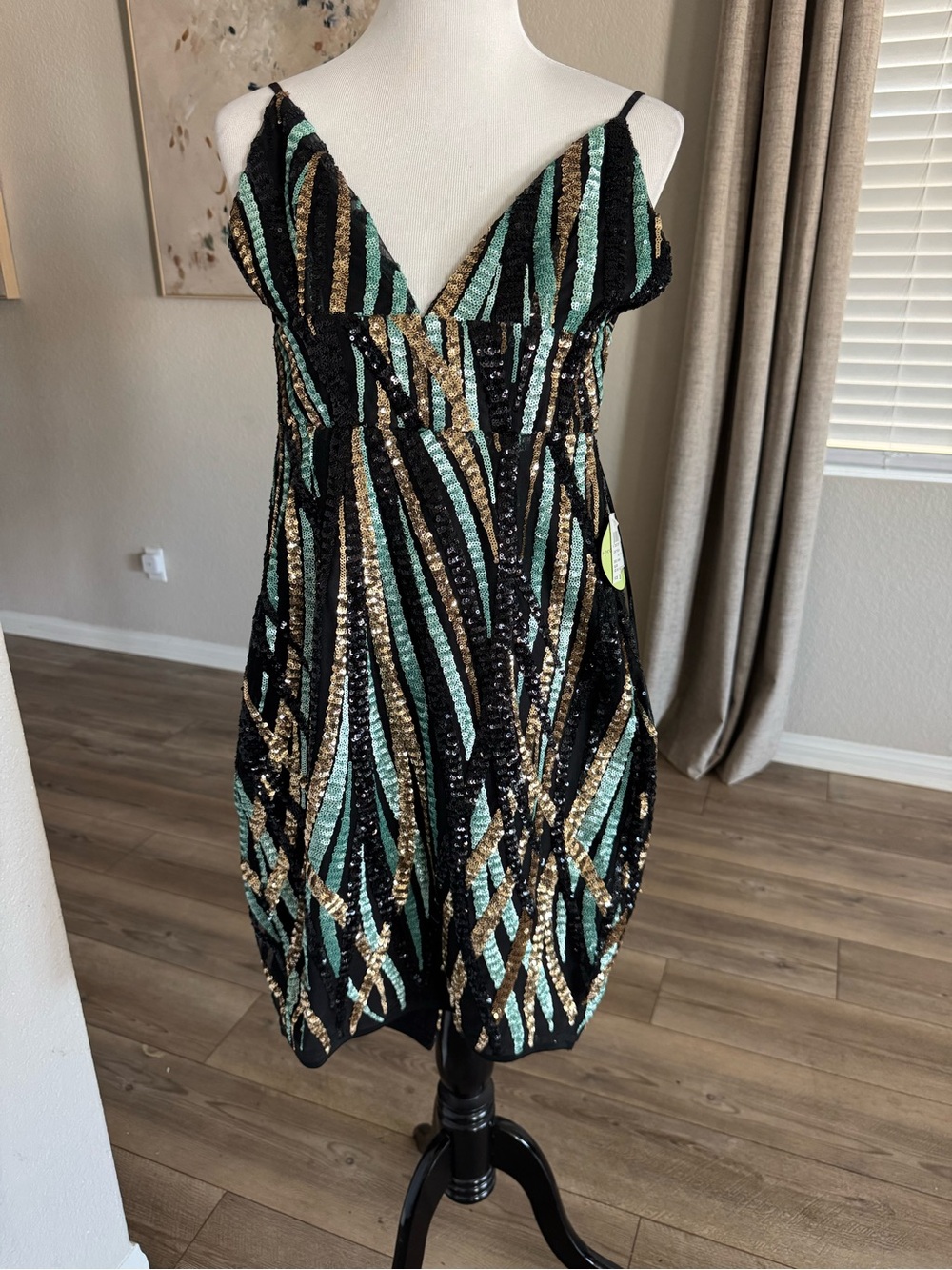New size Small women Sequin Striped V-Neck Party Dress - Black, Gold & Teal
